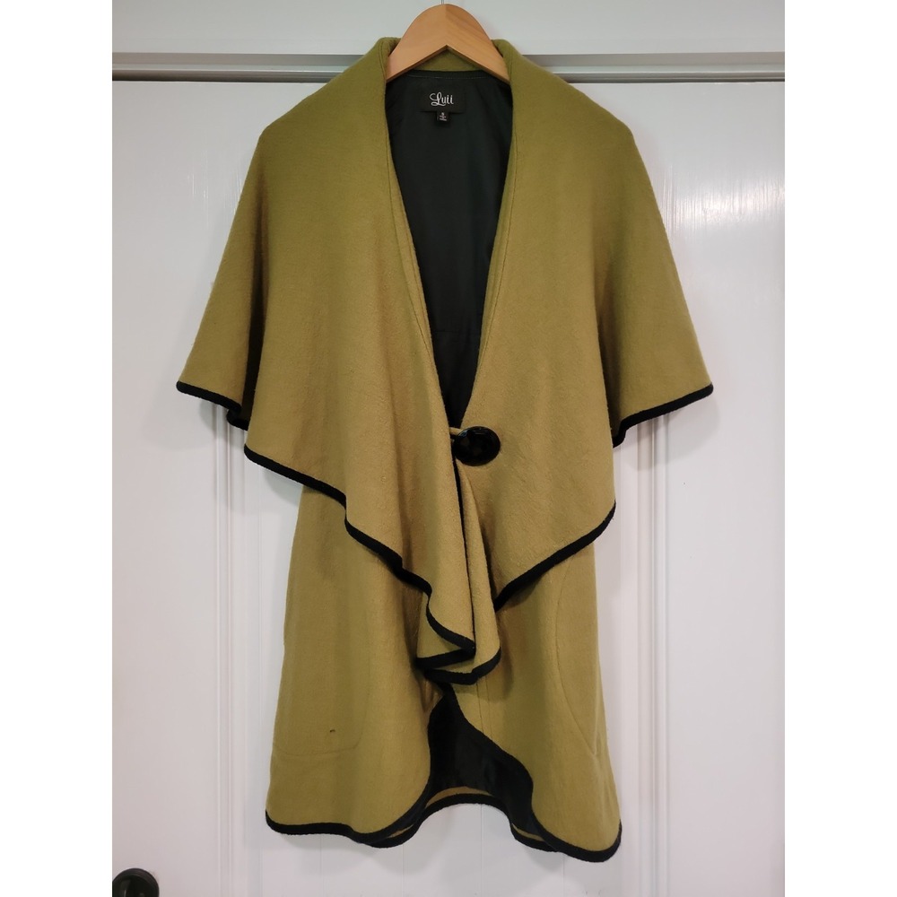Vintage Luii Olive Green Wool Draped Waterfall Cape Jacket Coat Black Trim Sz S